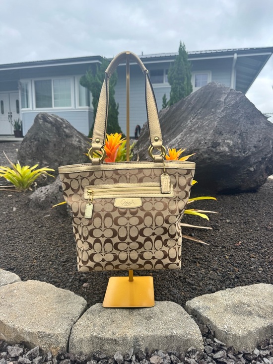 Coach Handbags - Coach Signature Shoulder/Tote Bag Brown Khaki Canvas Leather Trim F14693 2010